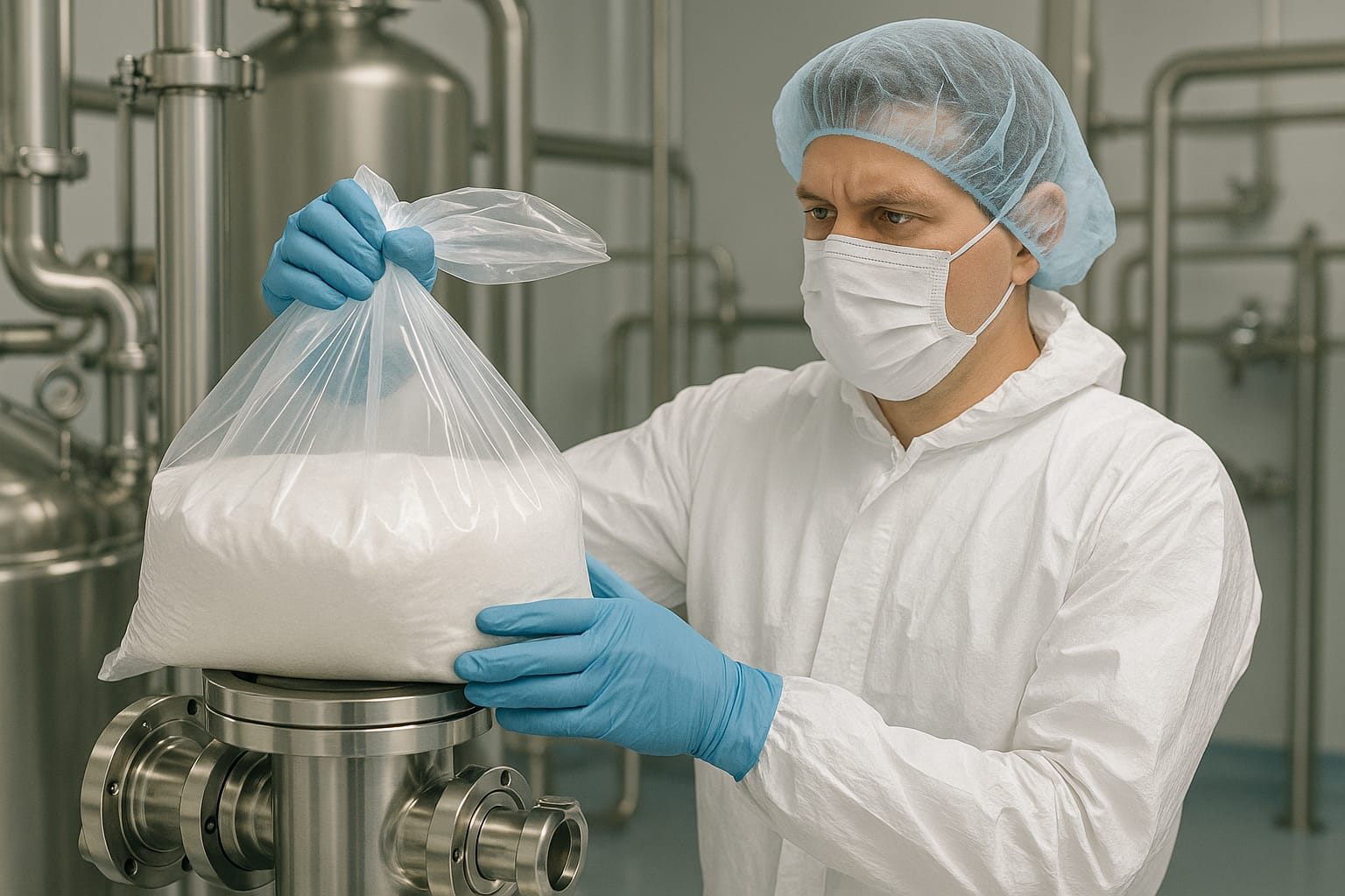 Operator wearing full PPE handling powdered material in a pharmaceutical process, demonstrating best practices to prevent cross-contamination.