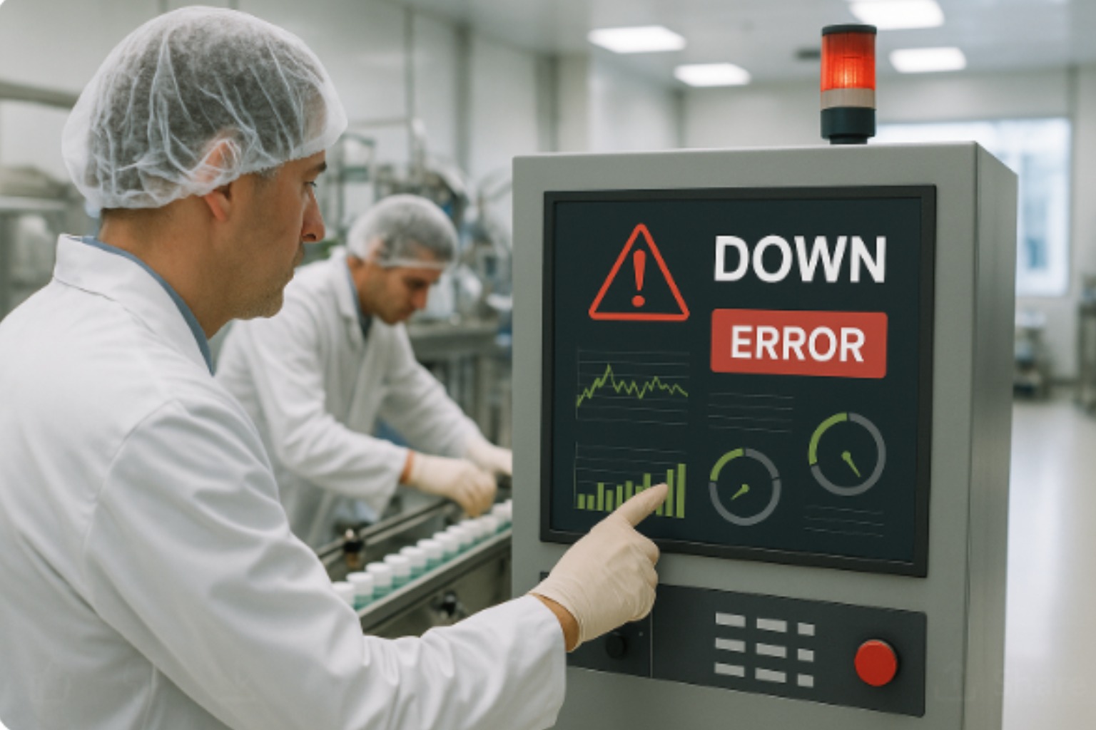 Operator monitoring a control panel displaying a downtime alert, illustrating the importance of real-time monitoring to reduce stoppages and improve industrial efficiency.